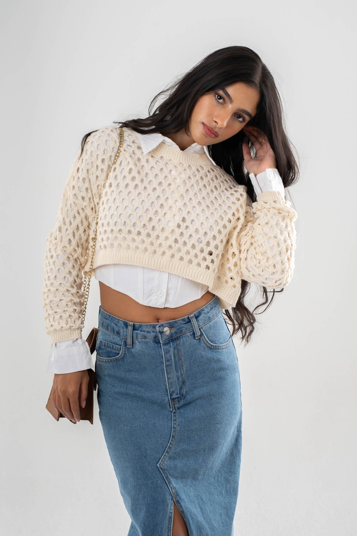 Beige Open Knit Crochet blouse