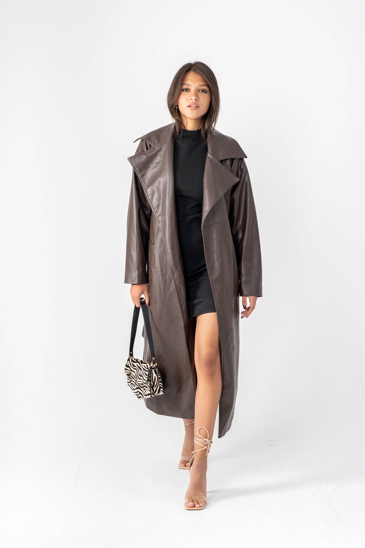 Brown Adira Faux Leather Trench Coat