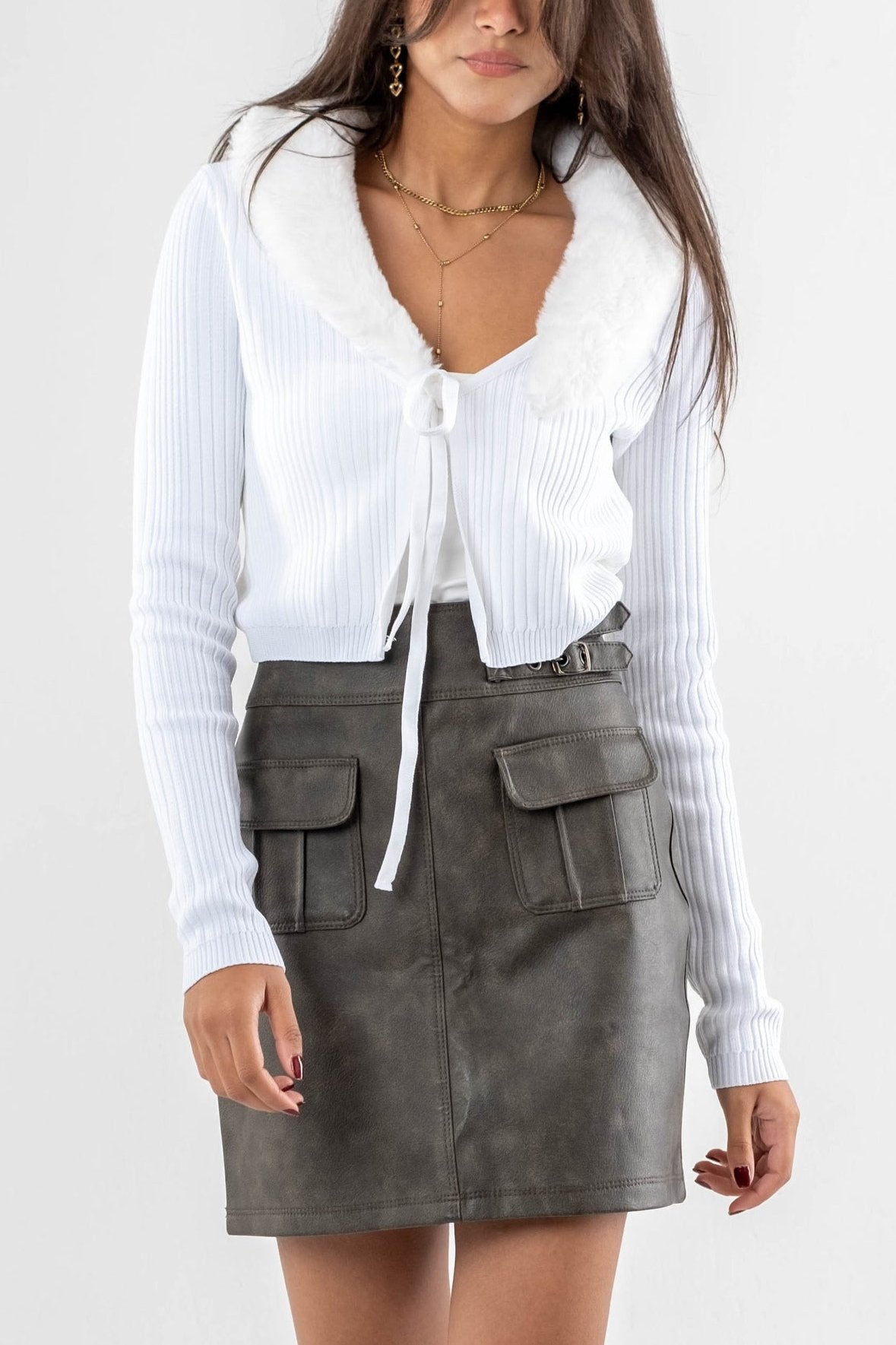 Faux Fur Collared Cropped Cardigan