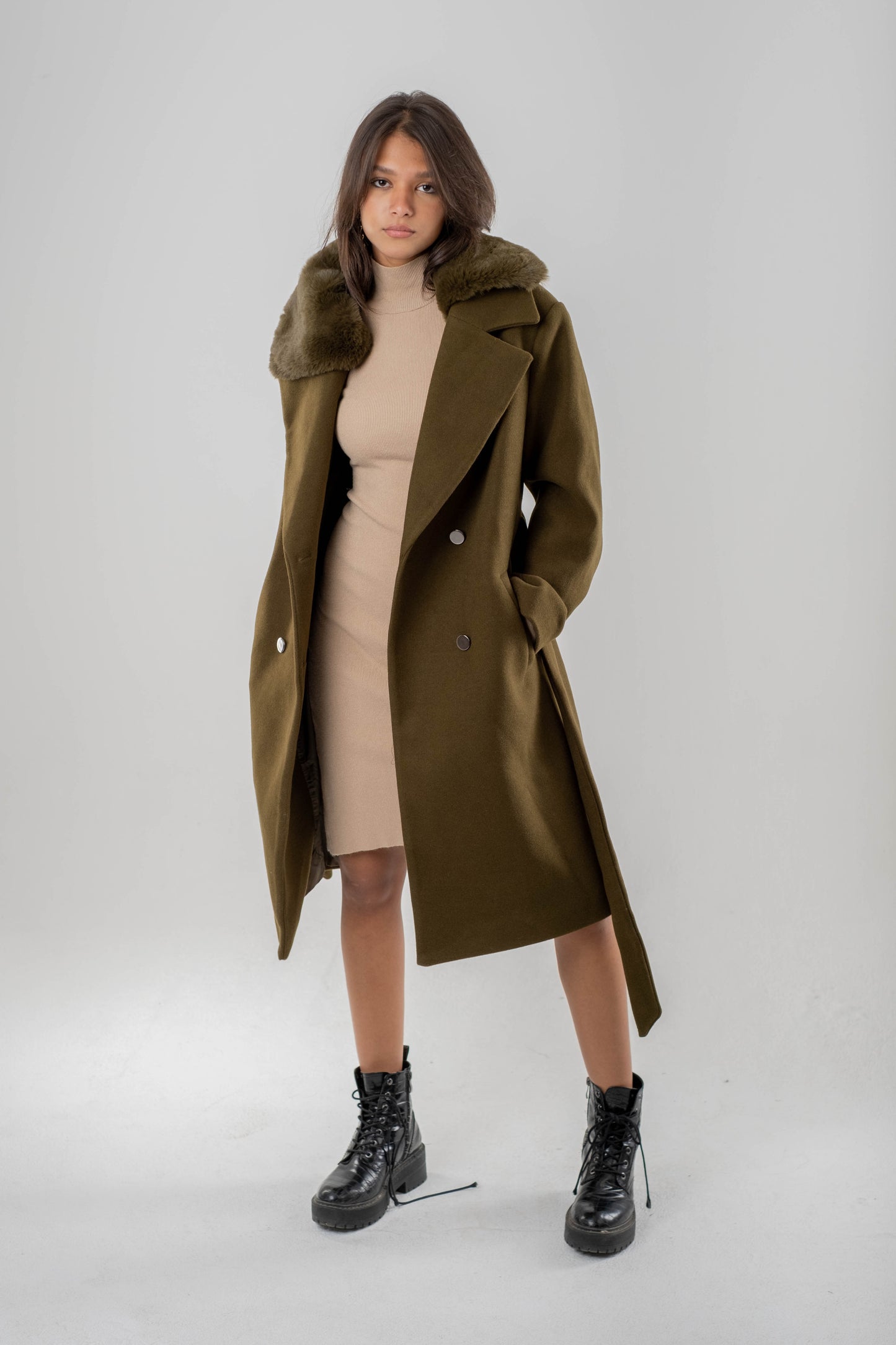 Double-Breasted Wool Coat with Faux Fur Collar