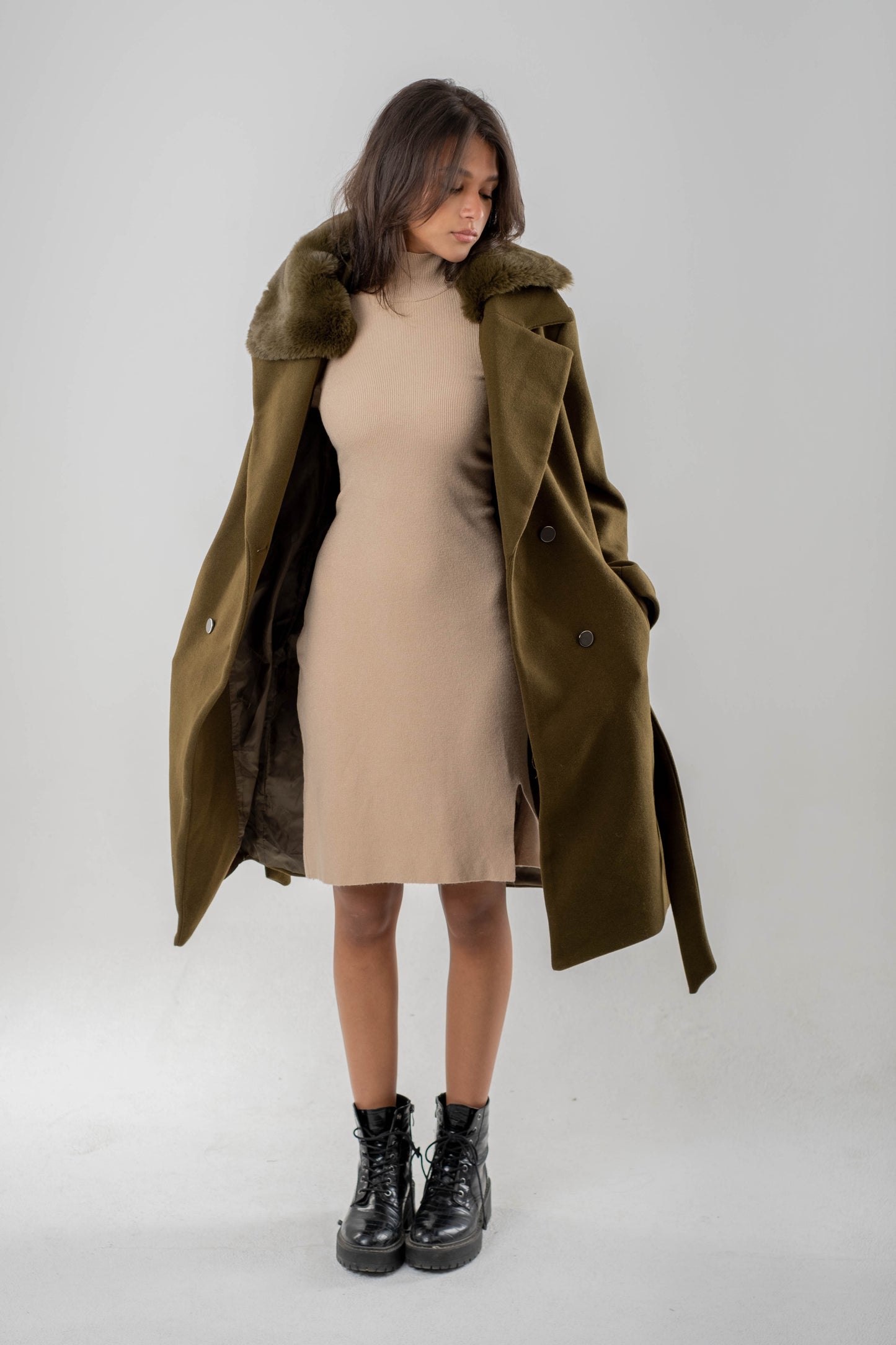 Double-Breasted Wool Coat with Faux Fur Collar