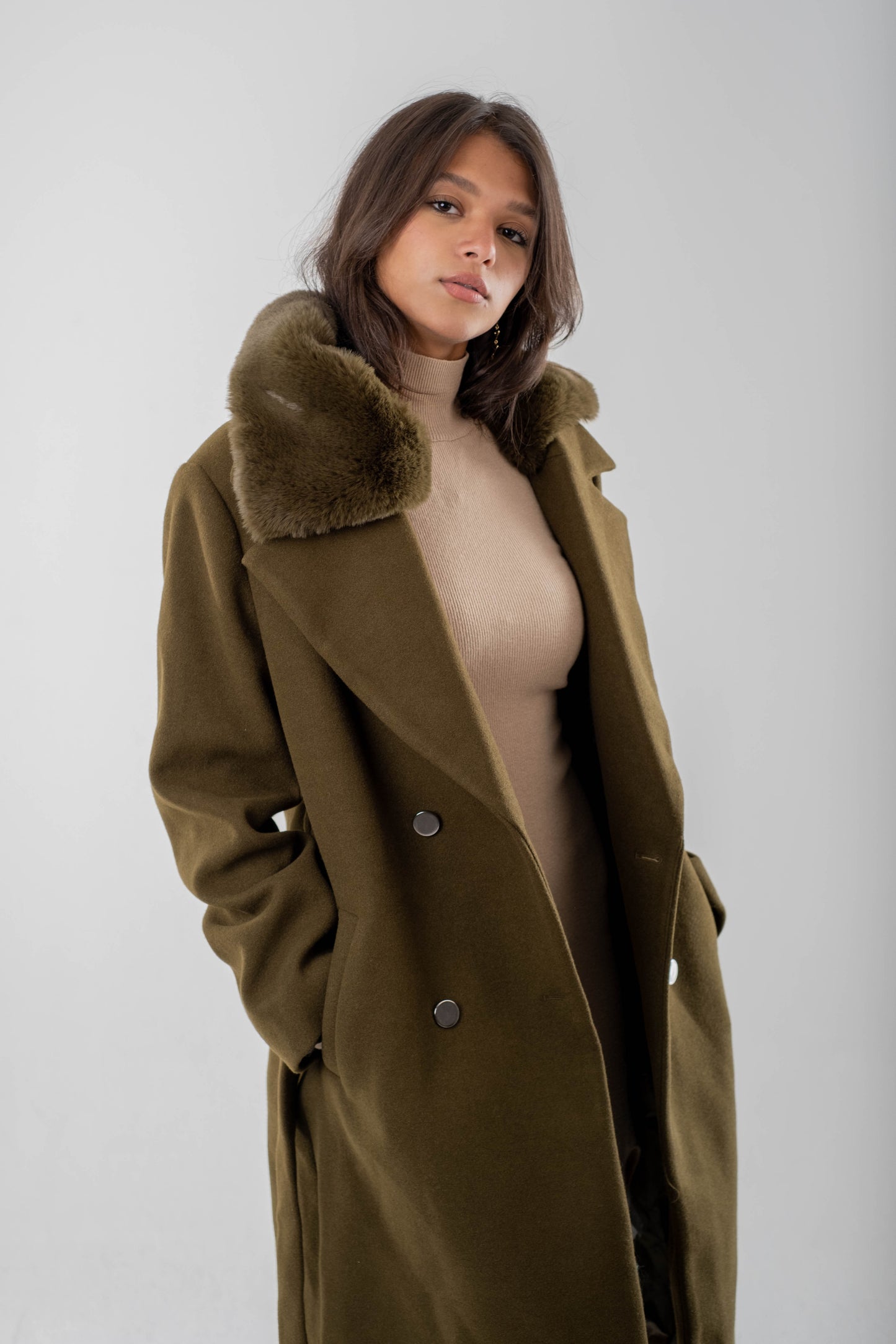 Double-Breasted Wool Coat with Faux Fur Collar