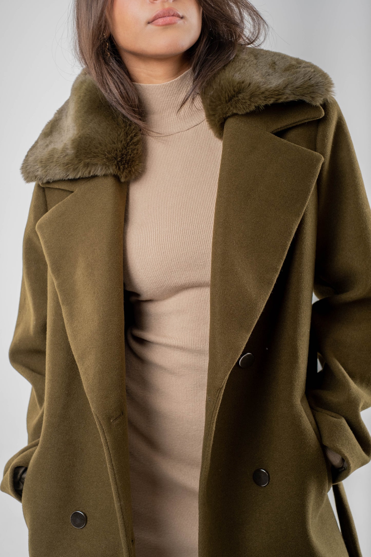 Double-Breasted Wool Coat with Faux Fur Collar