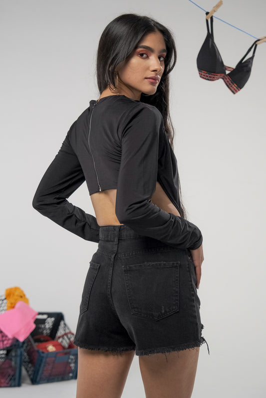 Black Denim Ripped Shorts