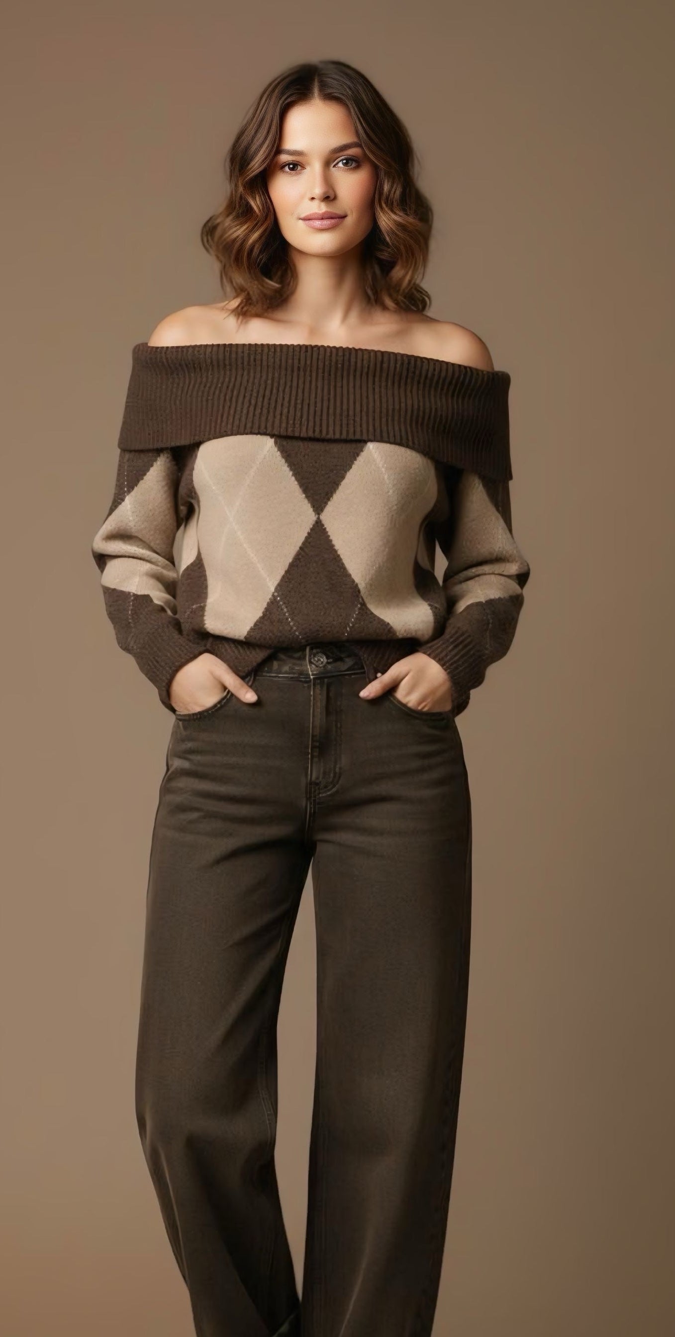 Brown Argyle Knit Sweater