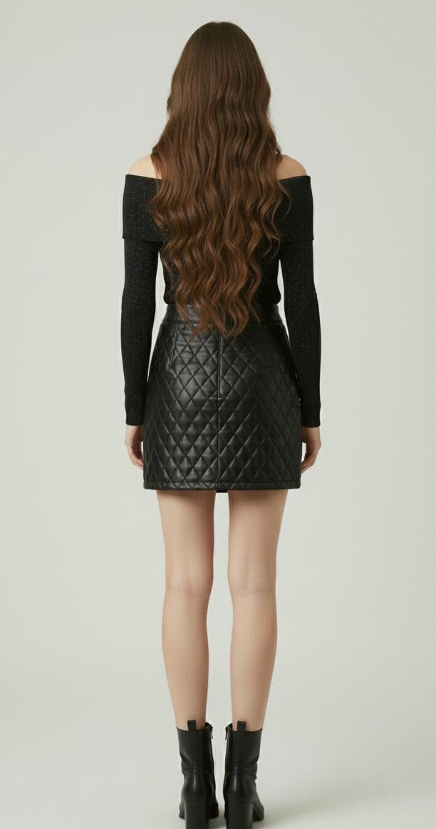 Black leather diamond quilted skirt