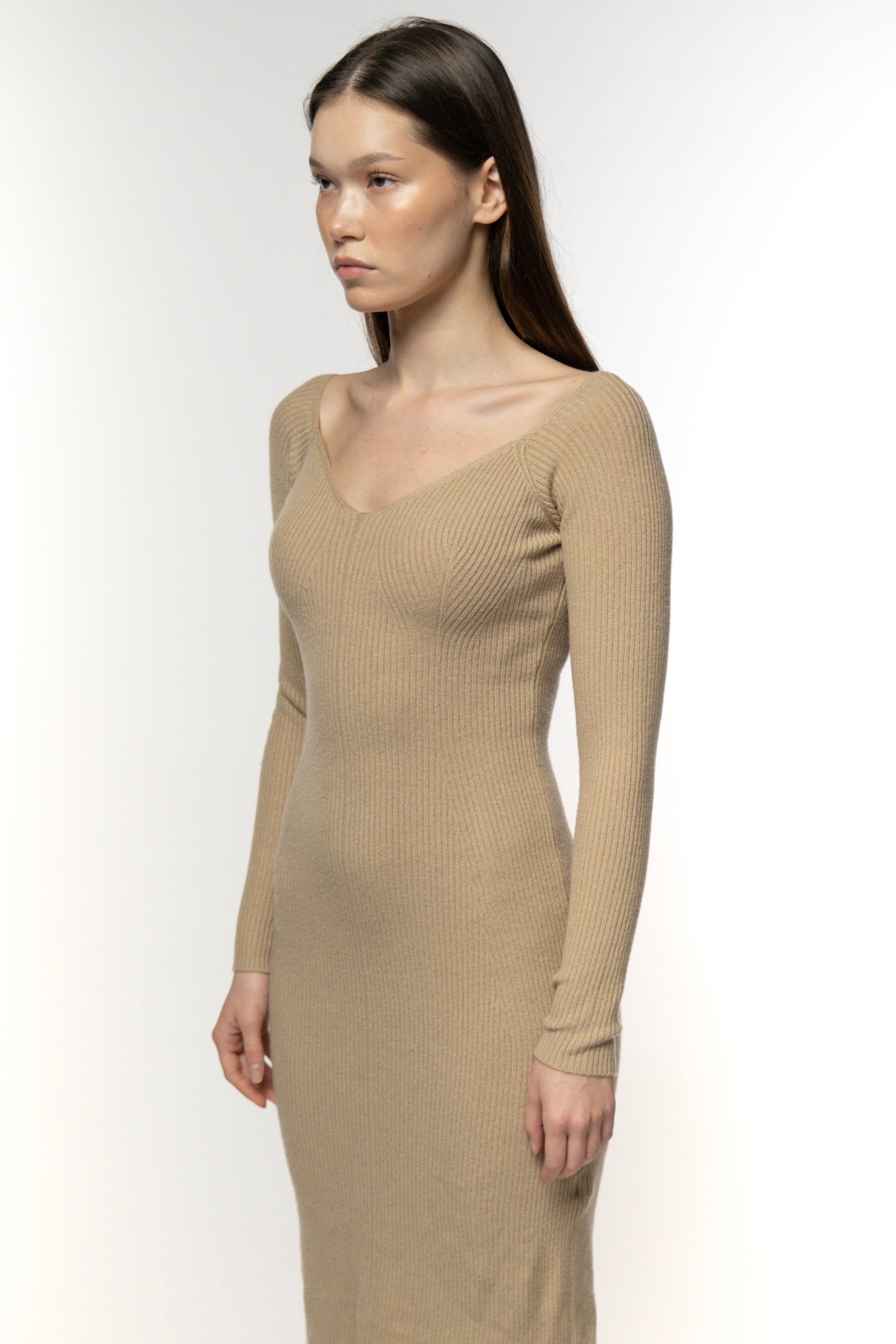 Sand Beige V-neck Ribbed Knit Dress