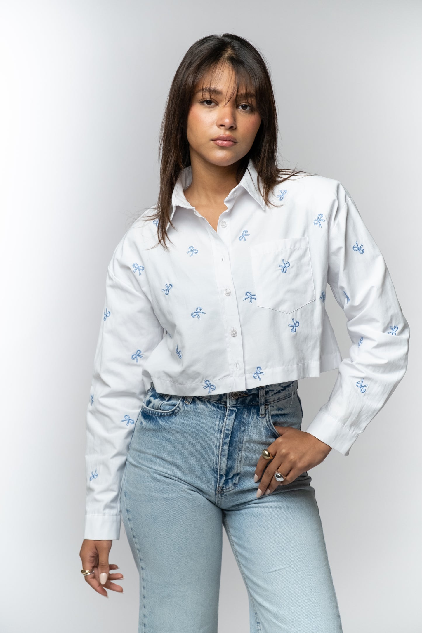 Bow-Embroidered Button-Up Shirt