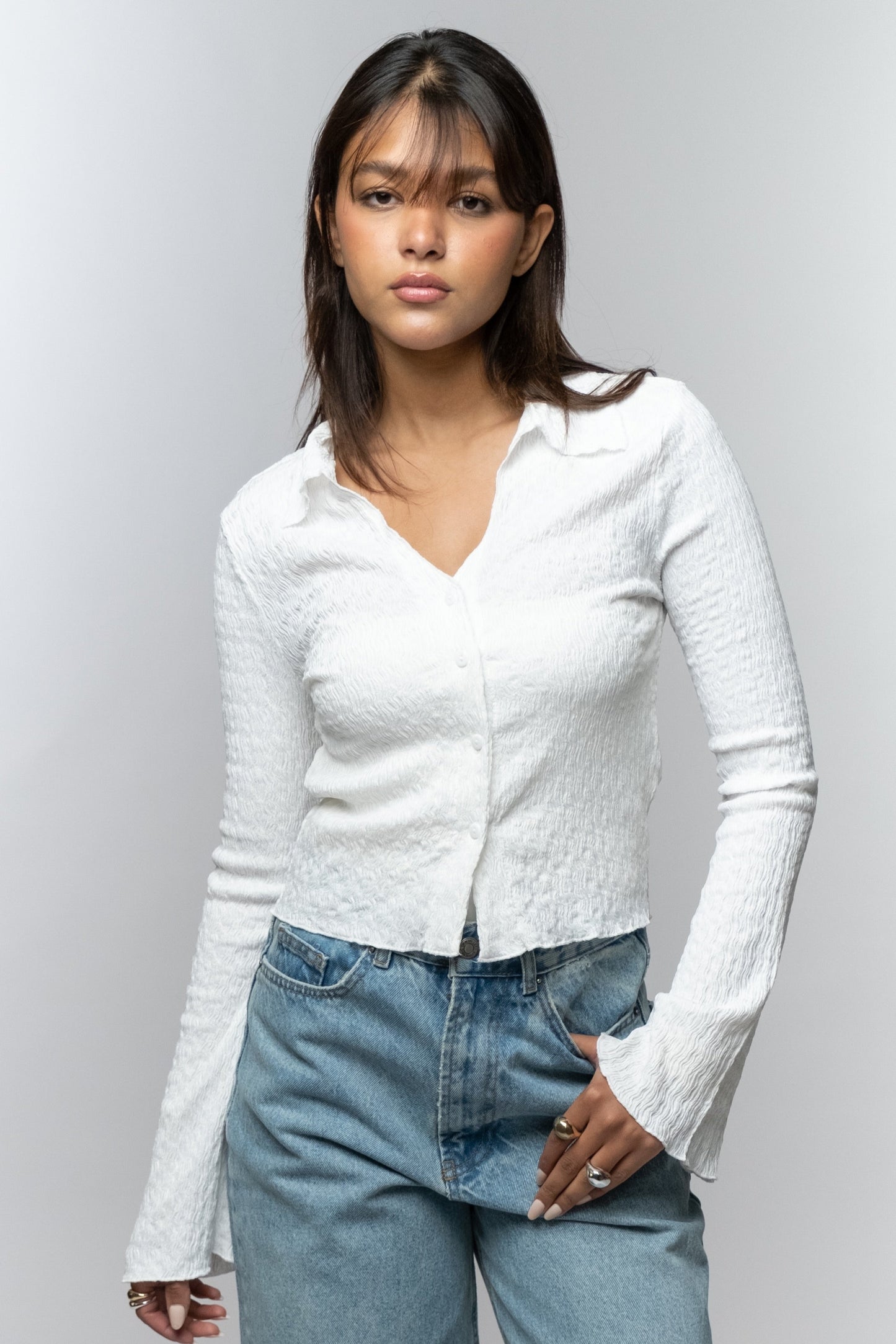 White Bell Sleeve Button-Down Shirt