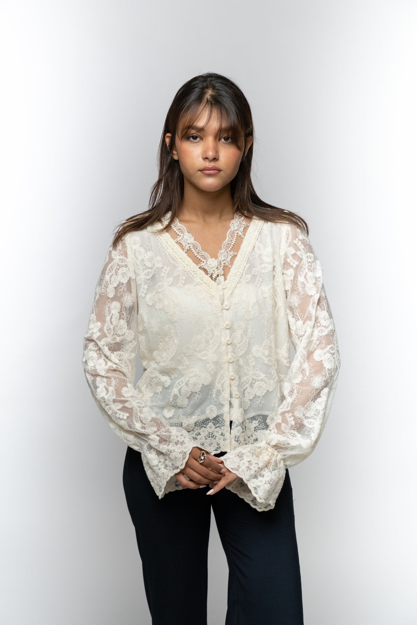 Lace Floral Buttoned Blouse