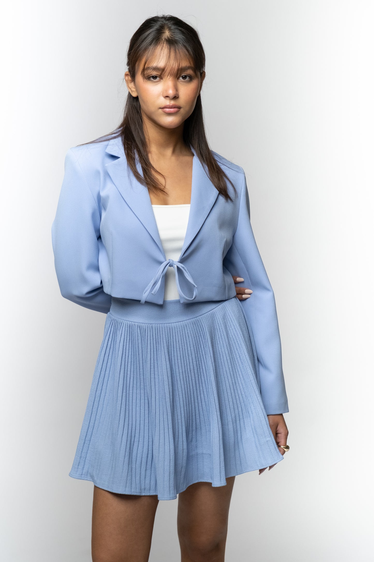 Sky Blue Tie-Front Cropped Blazer