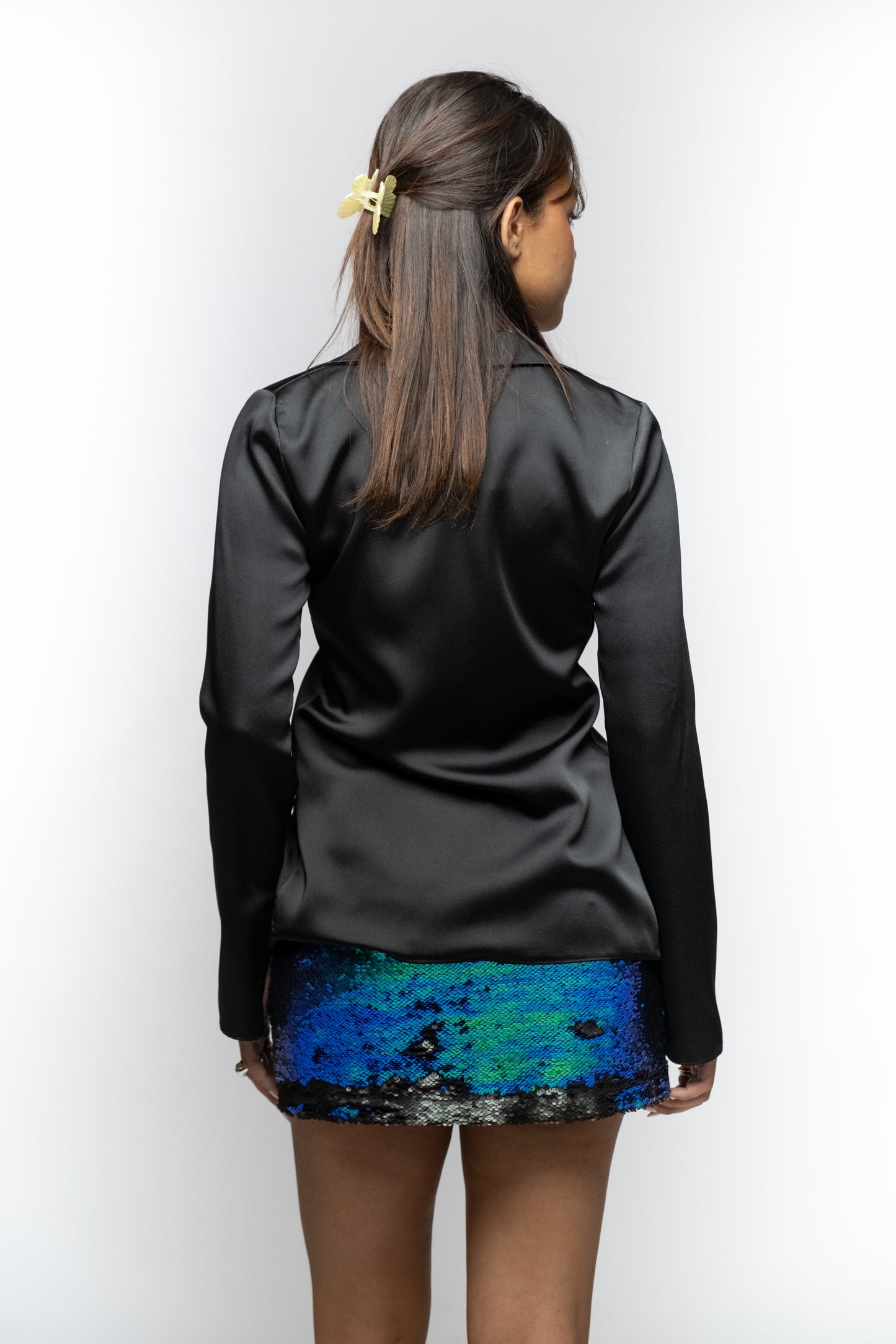 Chic Black Satin Tie-Front Blouse