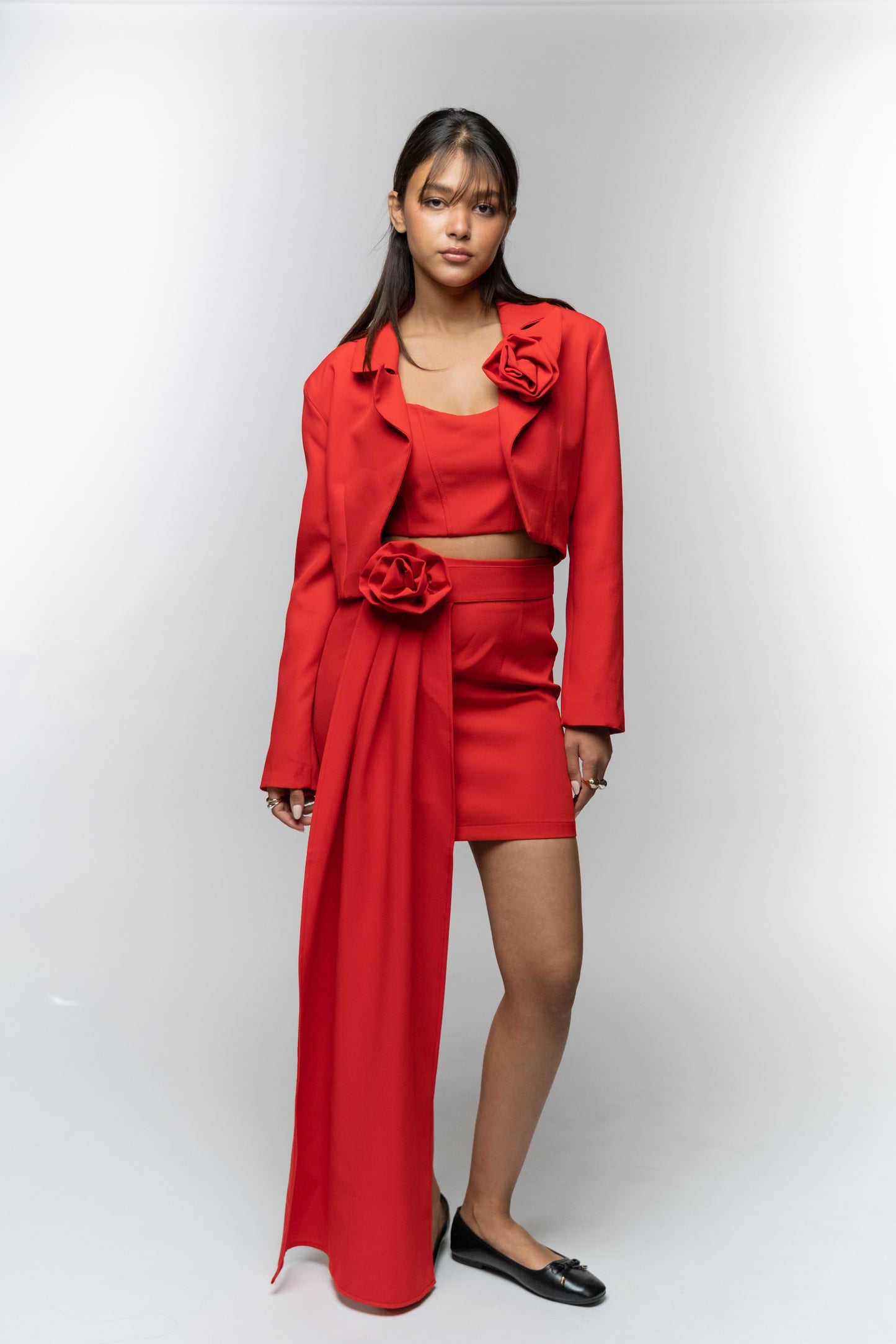 Red Blazer & Skirt Set with Floral Details