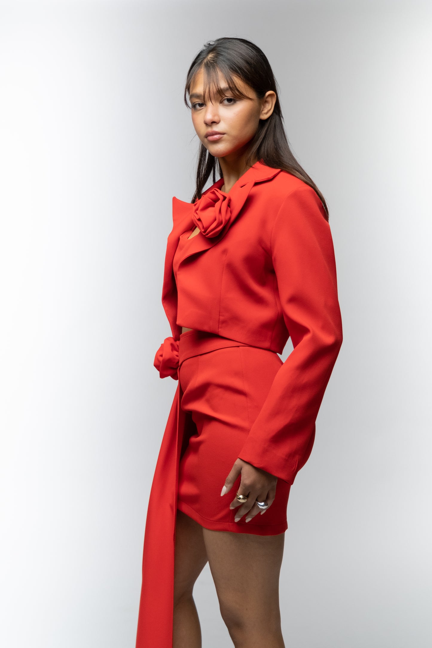 Red Blazer & Skirt Set with Floral Details