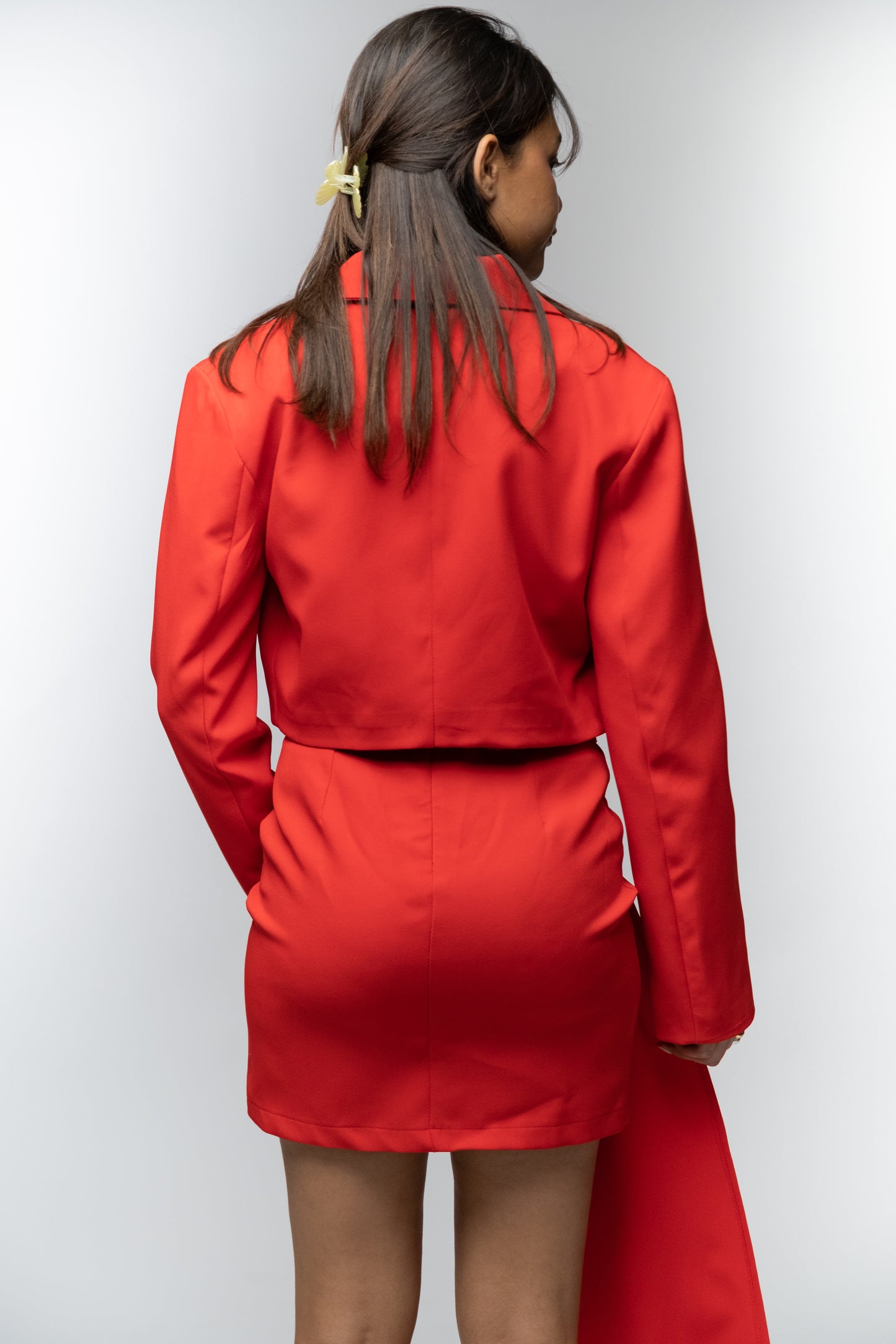 Red Blazer & Skirt Set with Floral Details