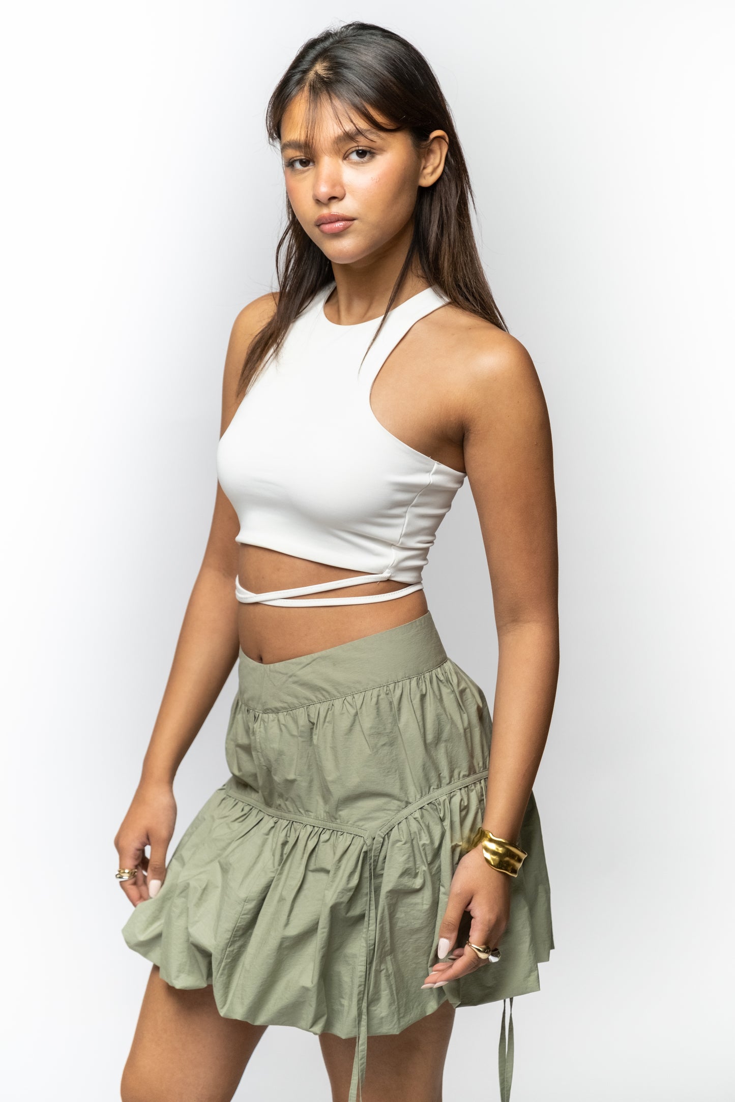 Olive Green Tiered Drawstring Skirt