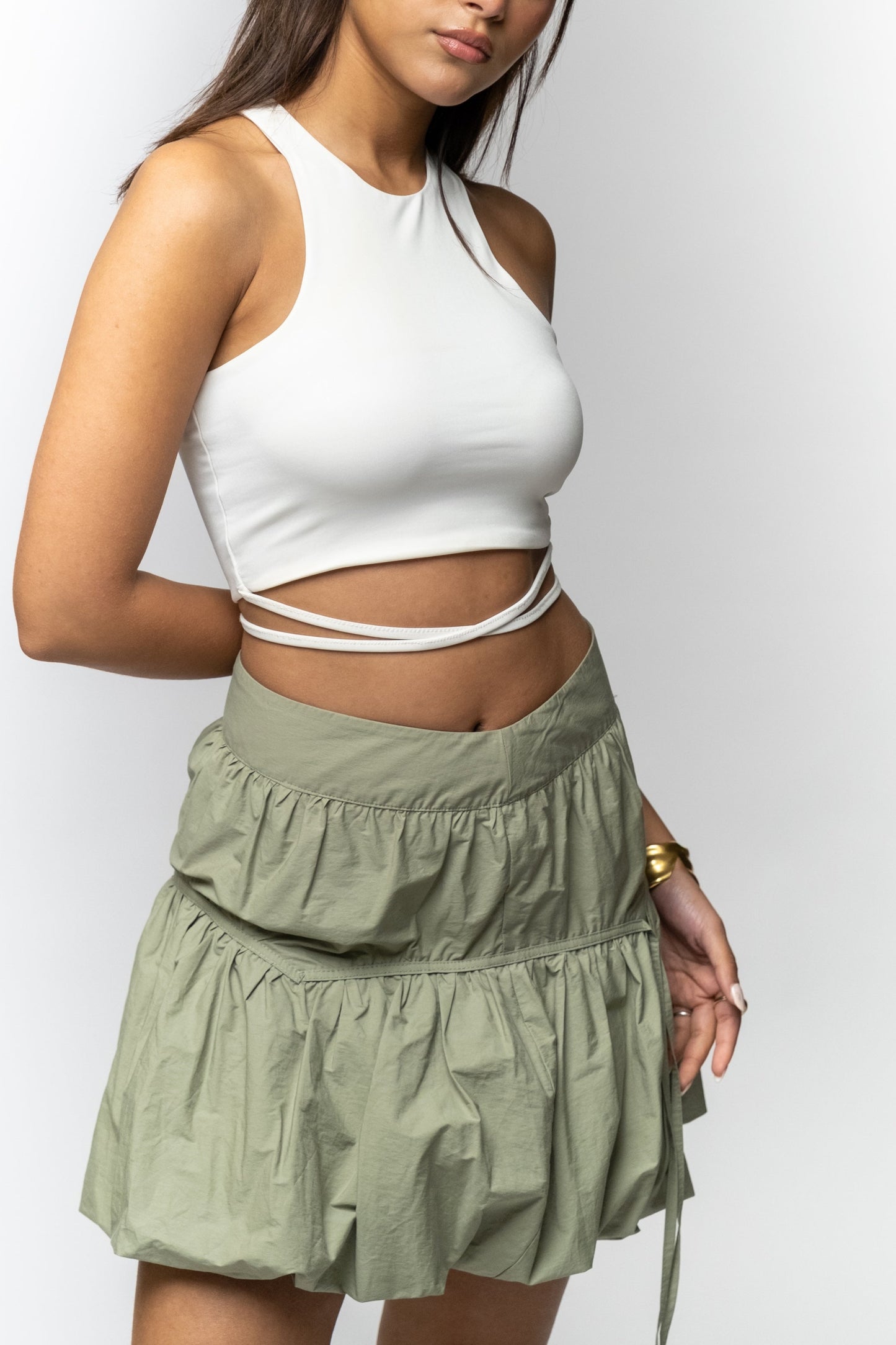 Olive Green Tiered Drawstring Skirt