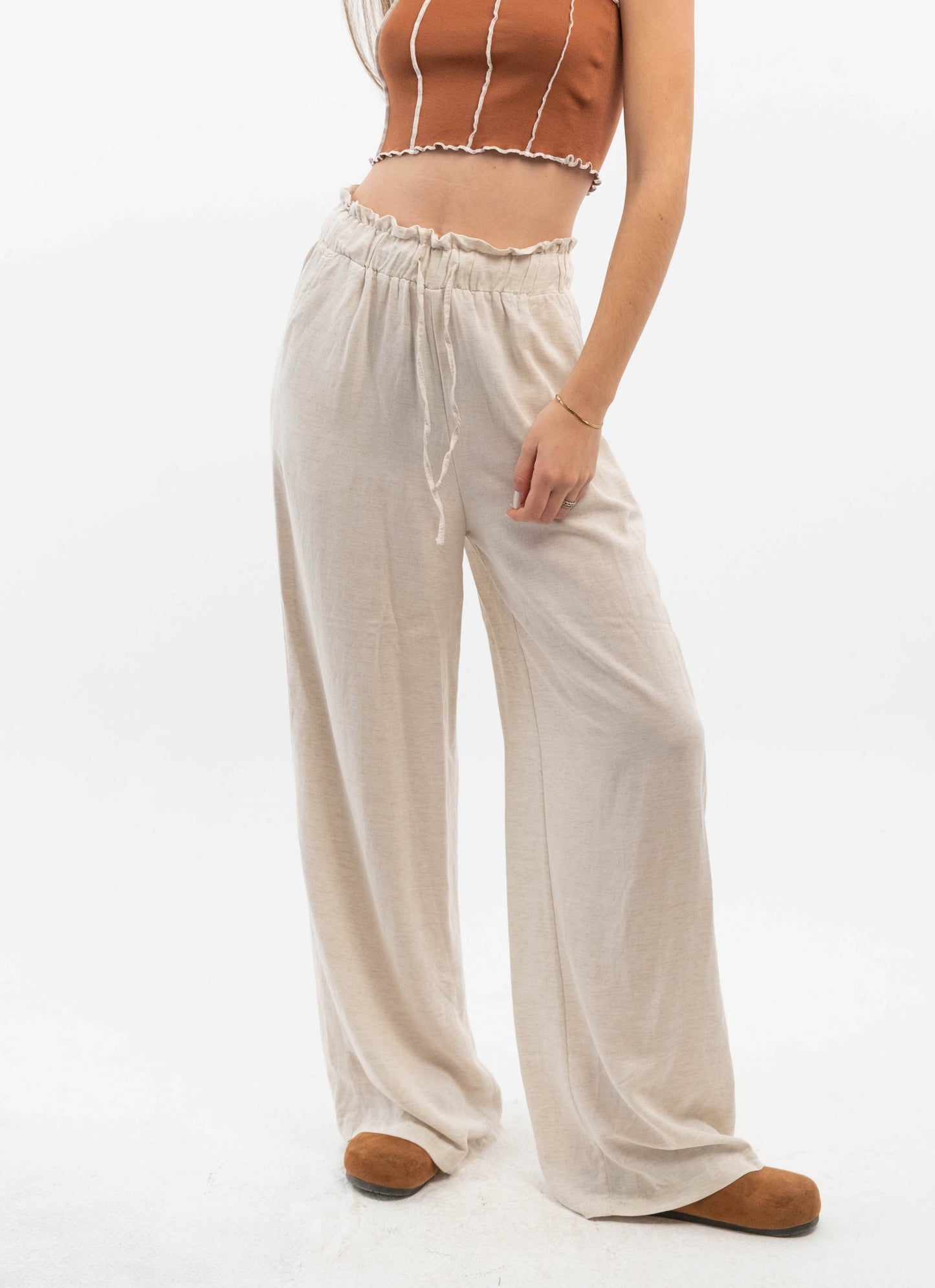 Beige Linen Pants With Elastic Waist