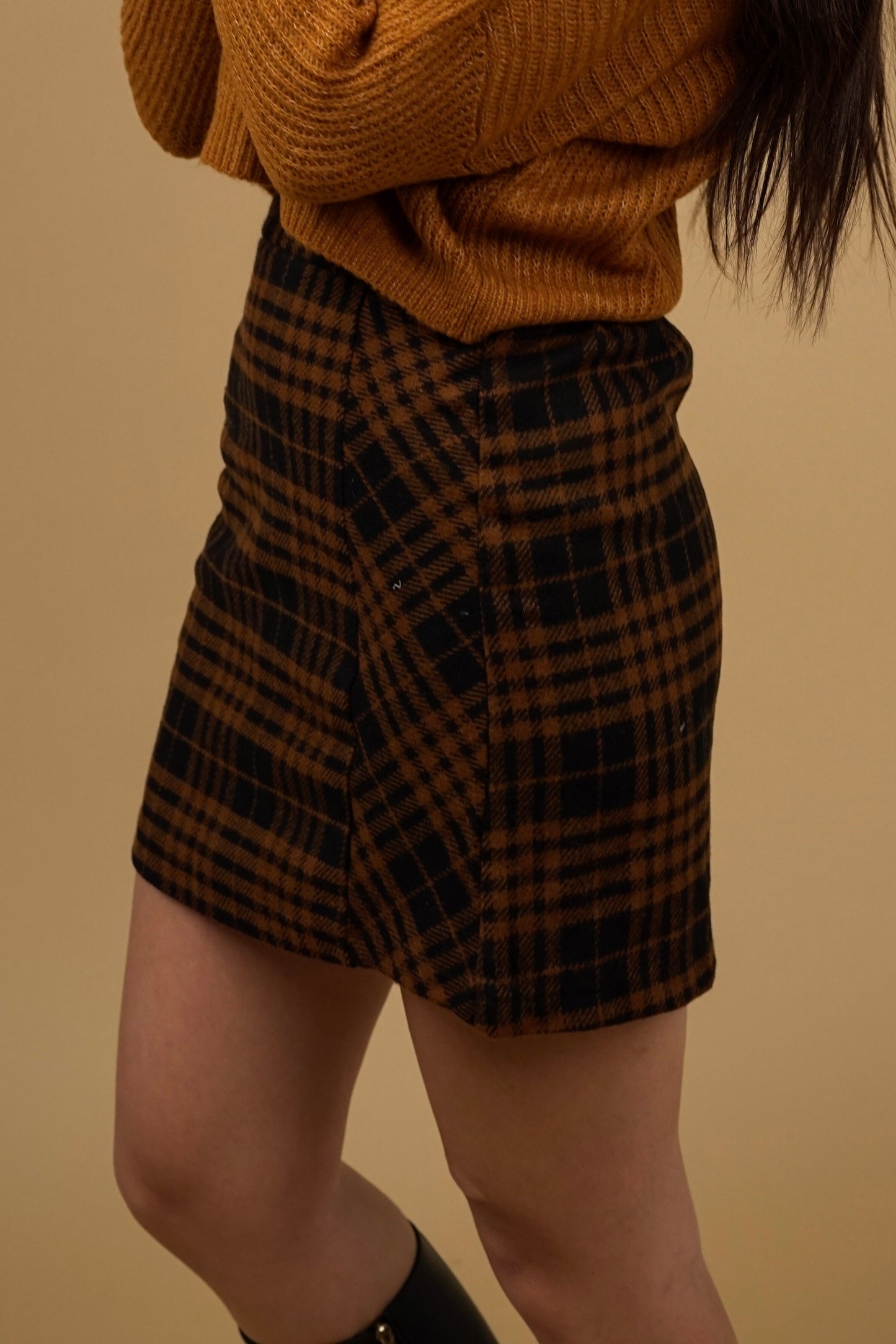 Black and Camel Checkered Mini Skirt