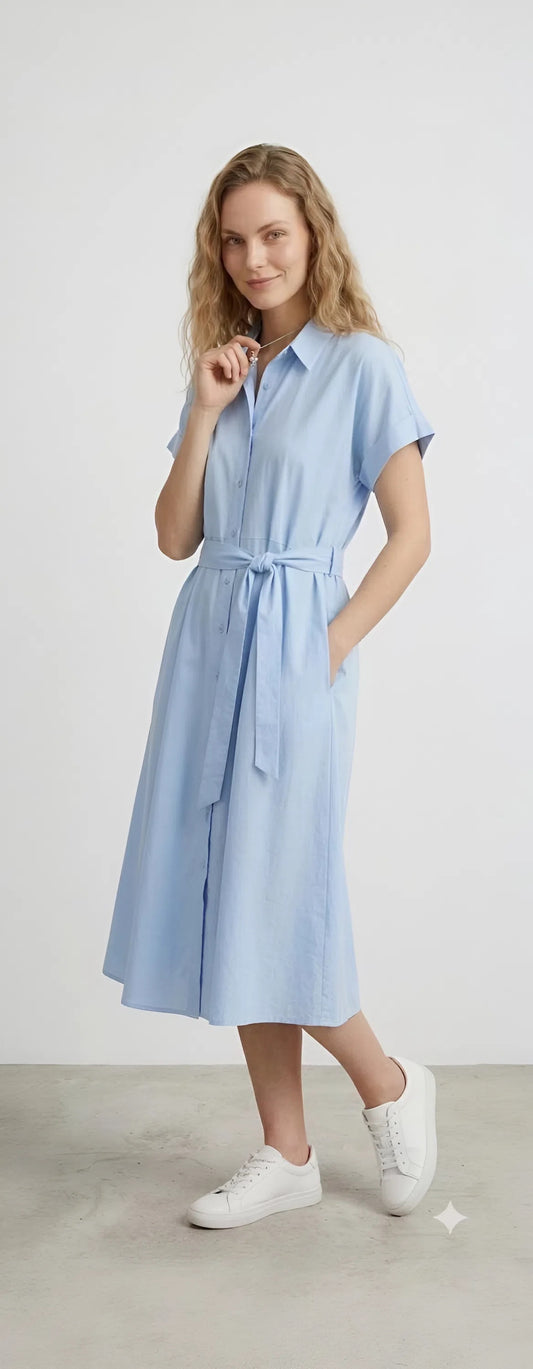 Light Blue Belted Shirt Dress