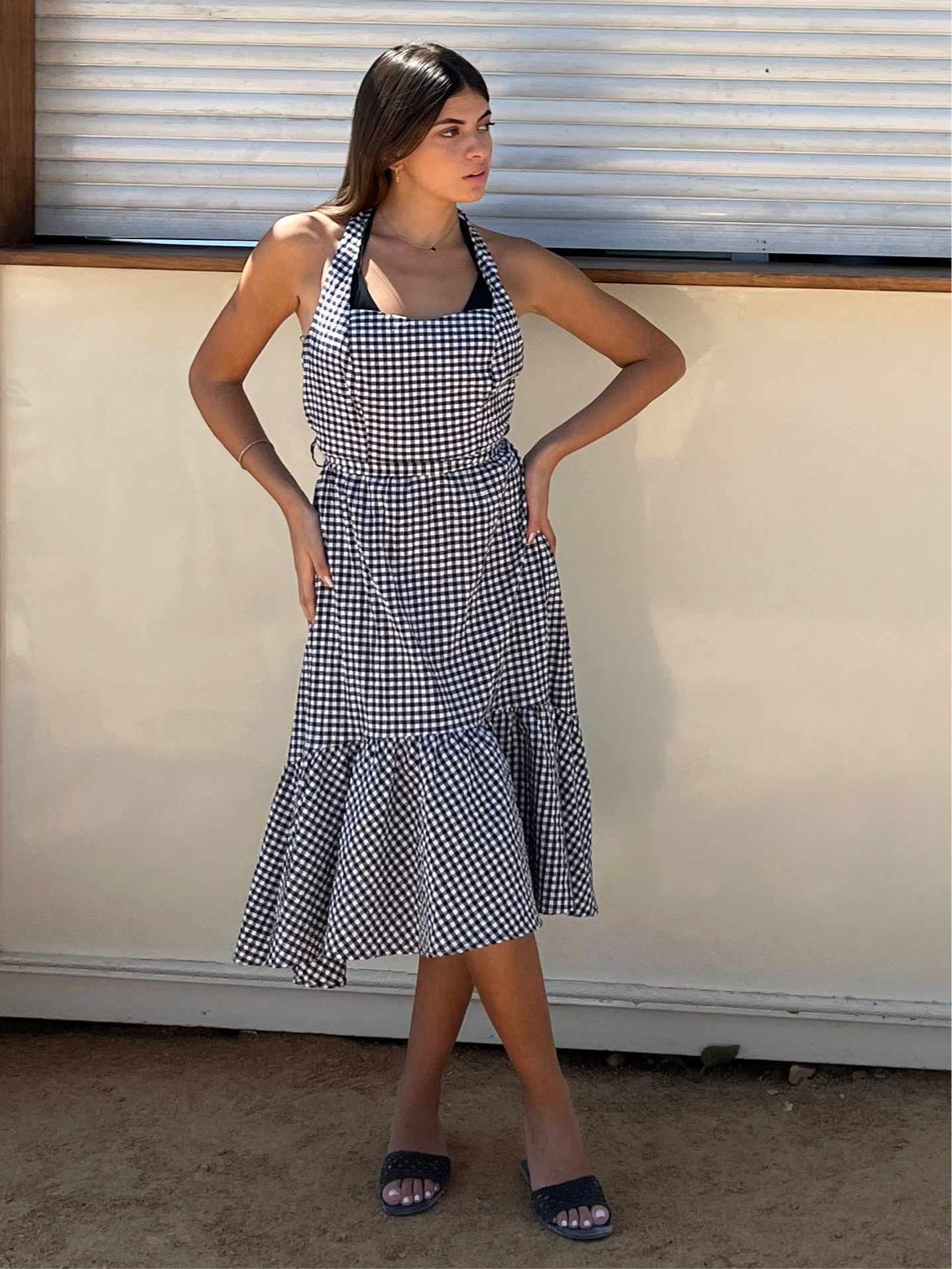 Gingham Halter Flounce Midi Dress