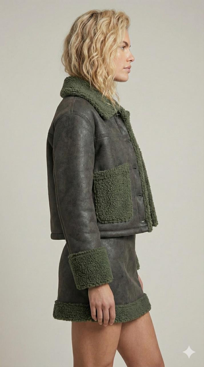 Brown Shearling Jacket & Skirt Set