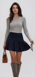 Navy Pinstripe Pleated Mini Skirt