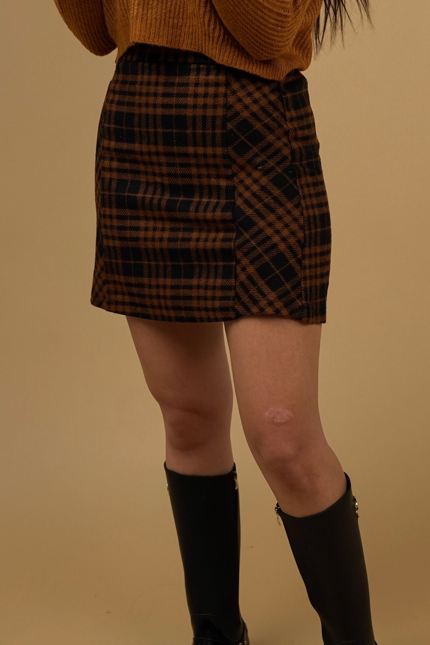 Black and Camel Checkered Mini Skirt