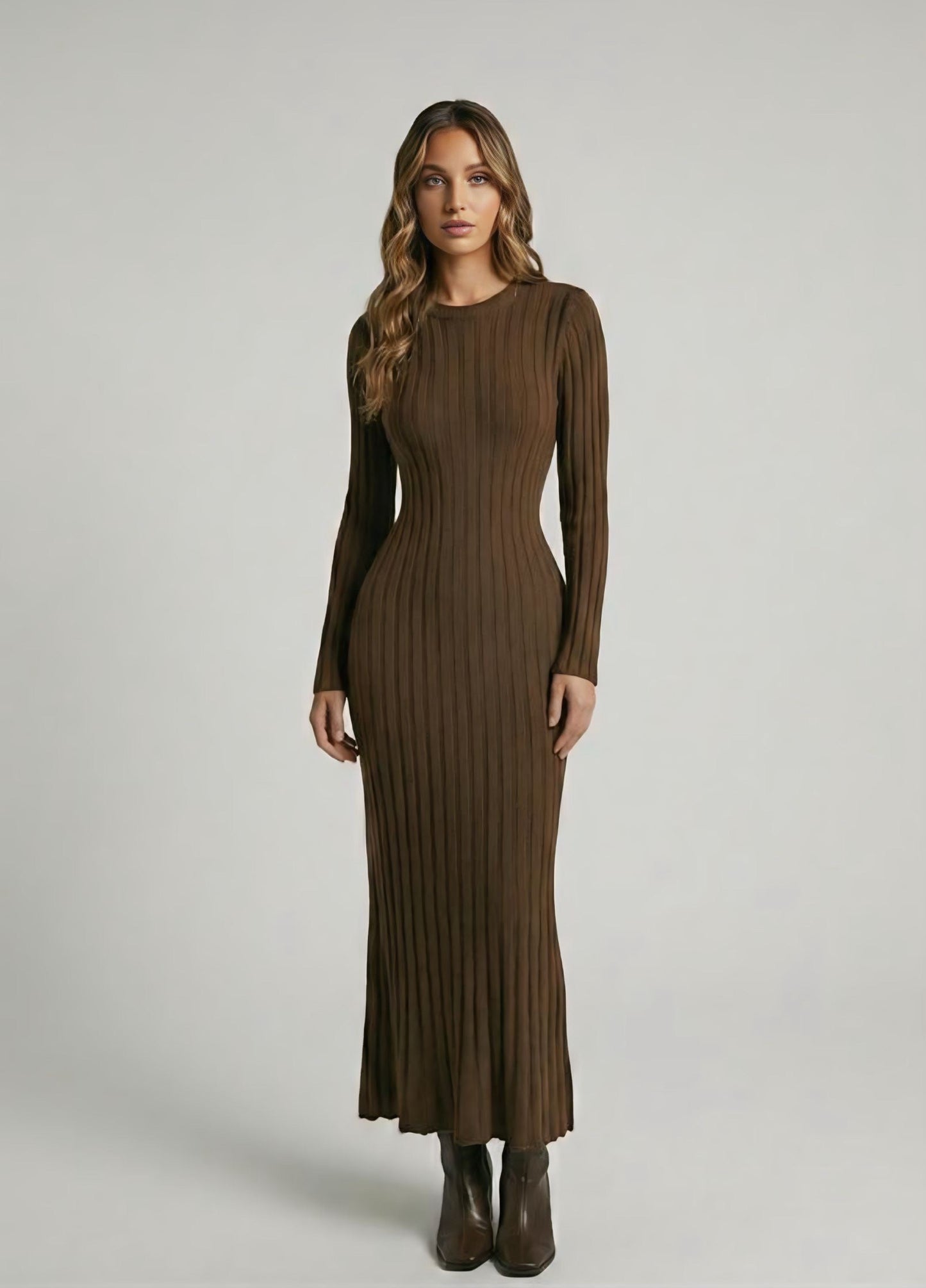 Brown Ribbed Knit Midi Dress