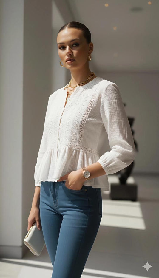 White Embroidered Peplum Blouse
