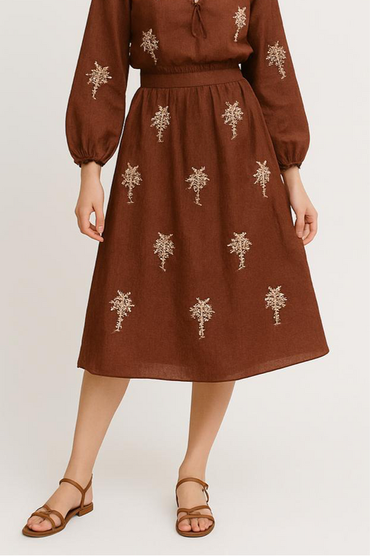 Camel Brown Embroidered Floral Skirt
