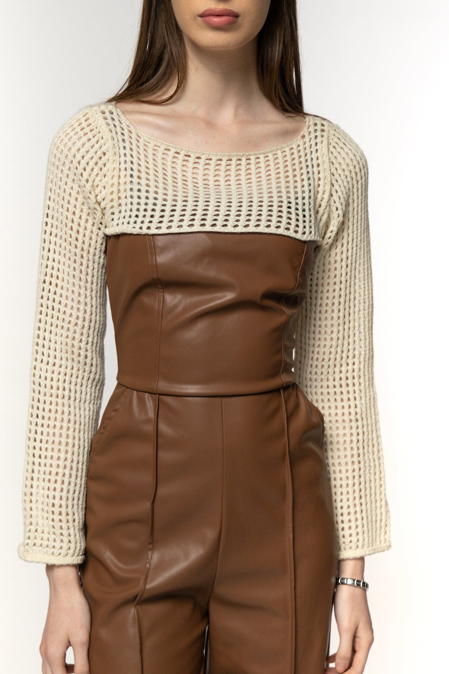 Beige Crocheted Top with Brown Faux Leather Bodice