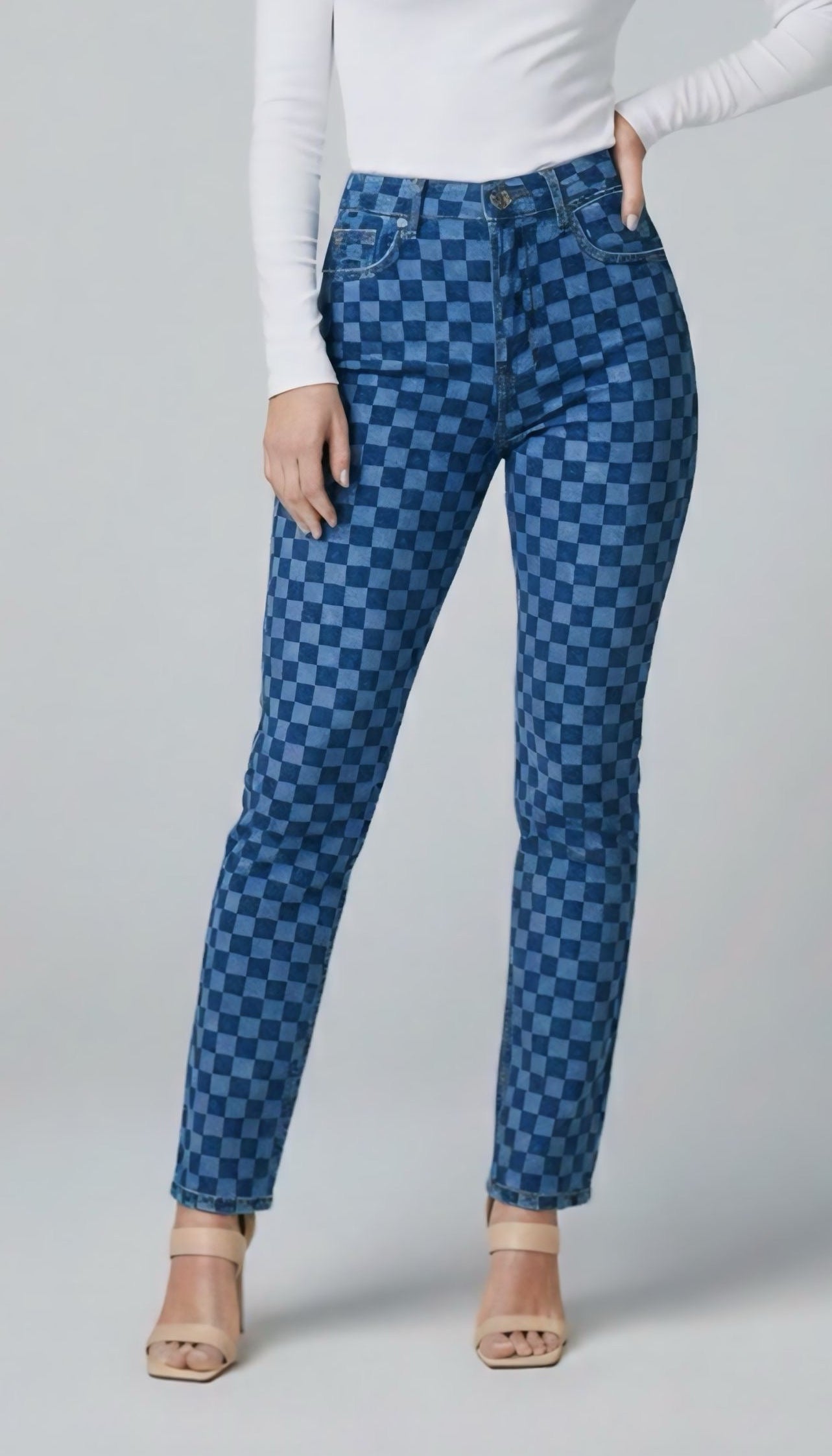 Checkerboard Print High-Waisted Denim Jeans