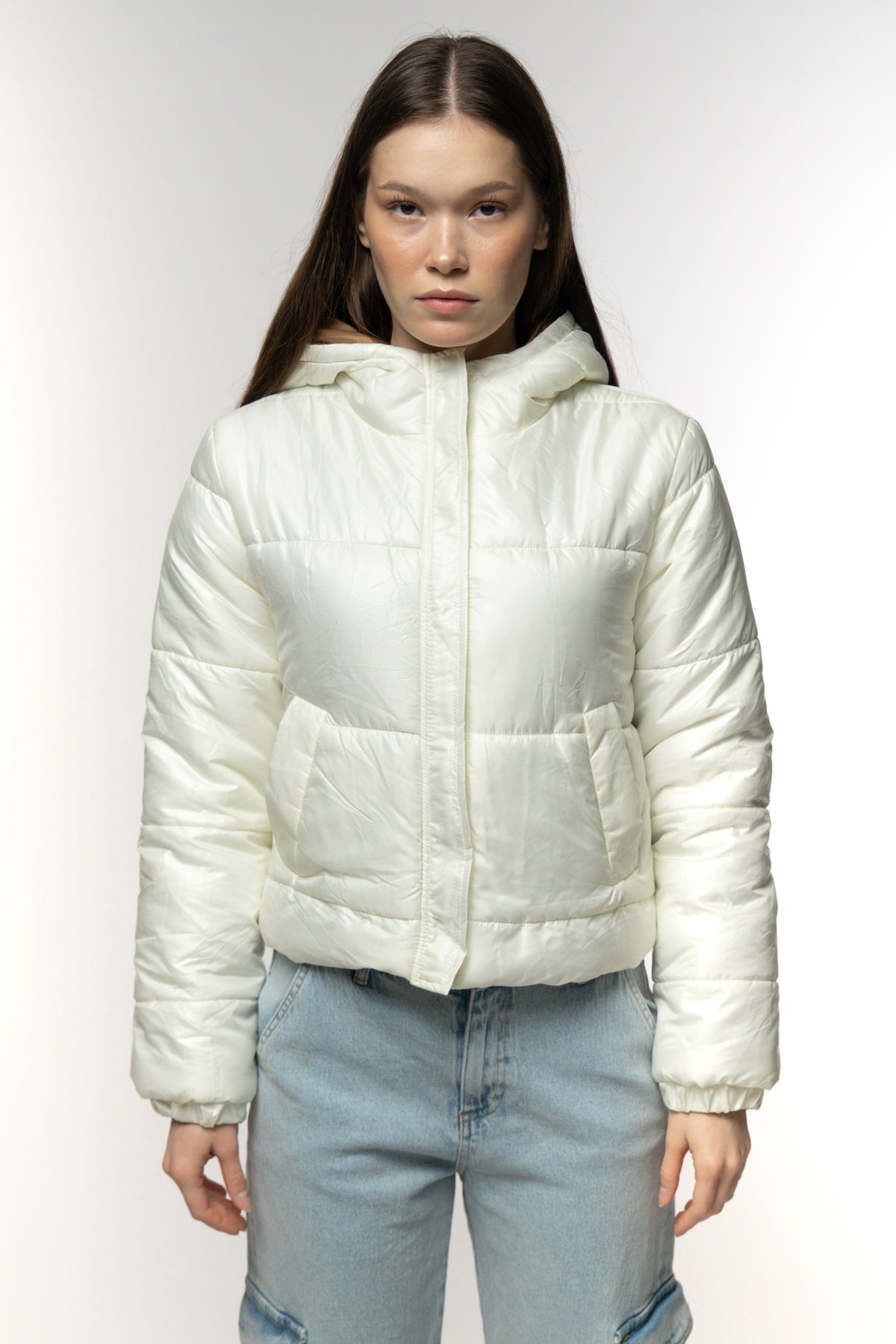 Cream Puffer Jacket with Camel Lining