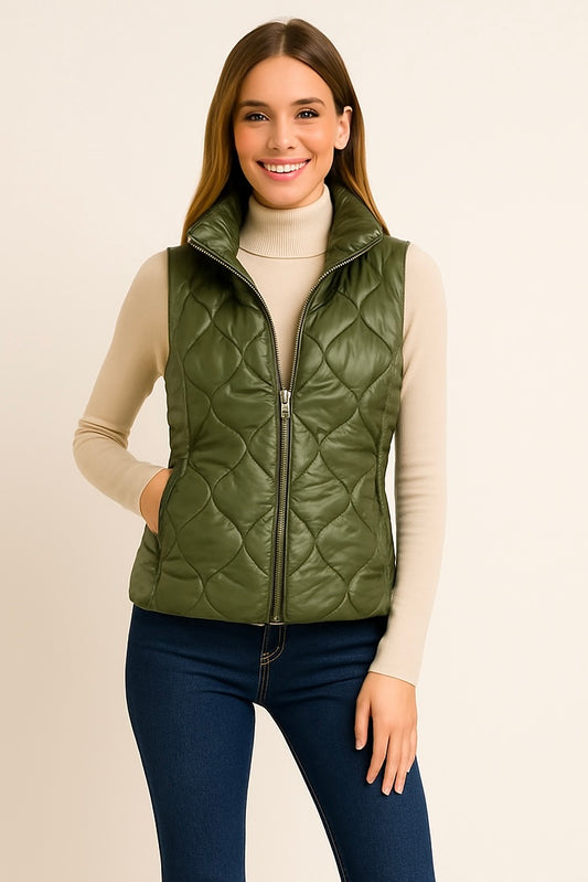 Olive Shiny Quilted Puffer Vest