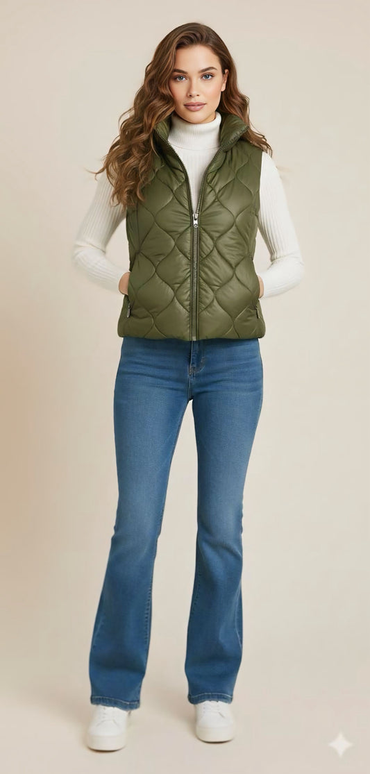 Olive Shiny Quilted Puffer Vest