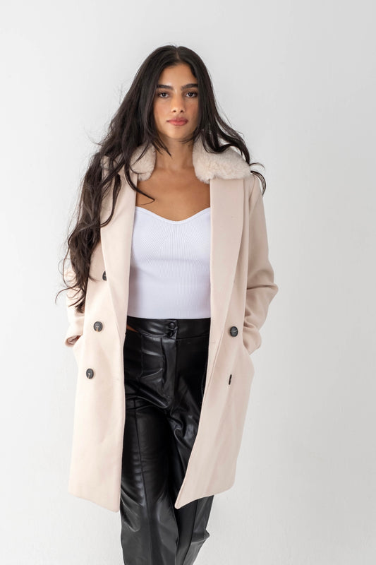 Faux Fur-Collar Wool Coat