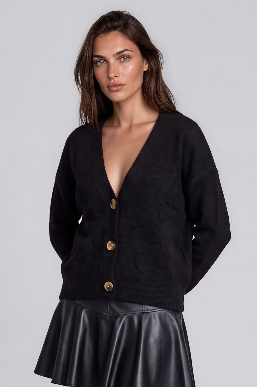 Black V-Neck Button-Up Cardigan
