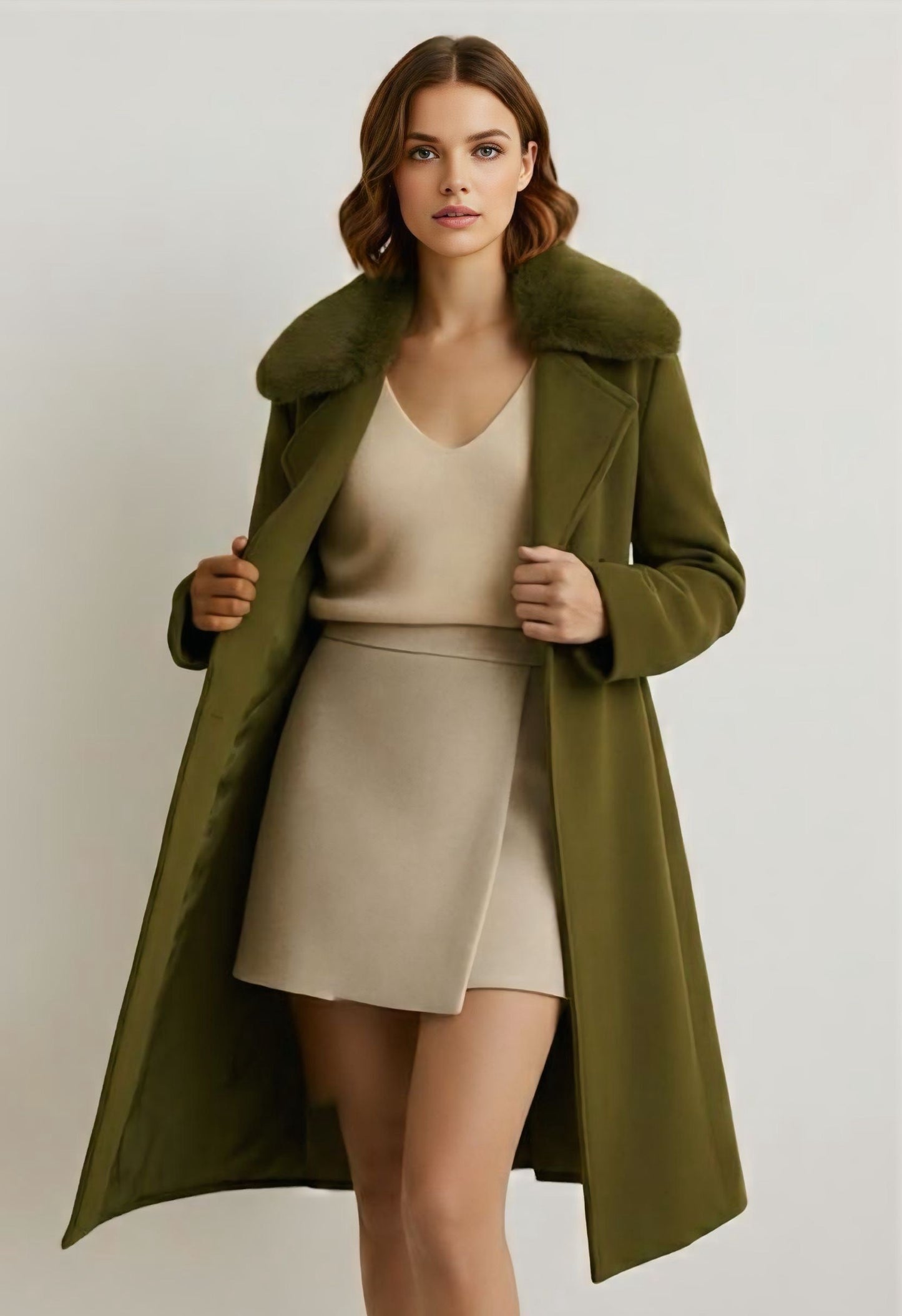 Double-Breasted Wool Coat with Faux Fur Collar