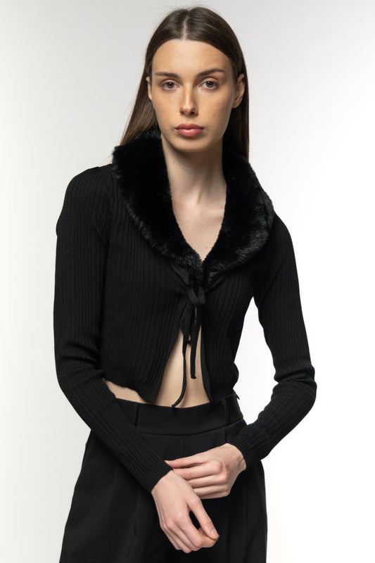 Black Ribbed Faux Fur-Collar Cardigan