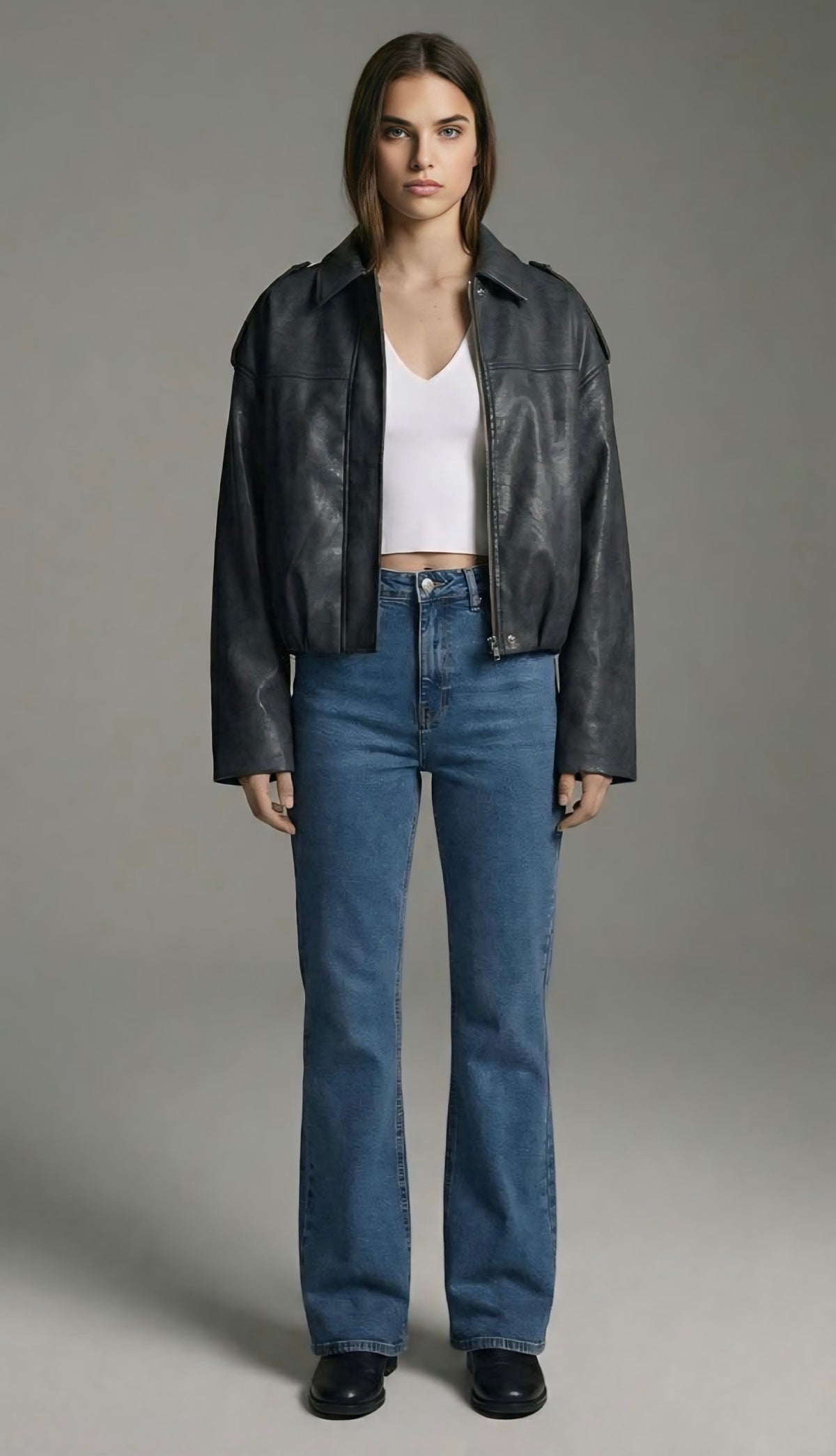 Dark Grey Faux Leather Bomber Jacket