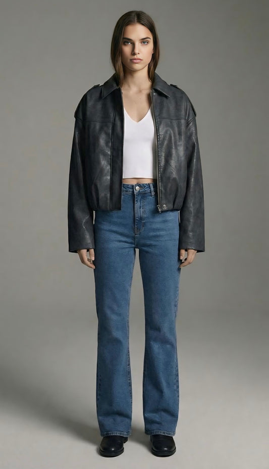 Dark Grey Faux Leather Bomber Jacket