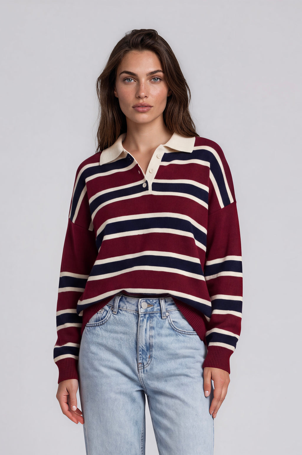 Burgundy Striped Polo Sweater
