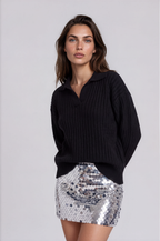 Black Ribbed Polo Collar Pullover