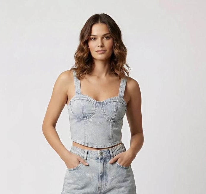 Grey Washed Denim Corset Top