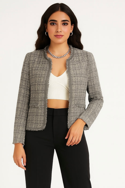 Charcoal Tweed Fringe Jacket