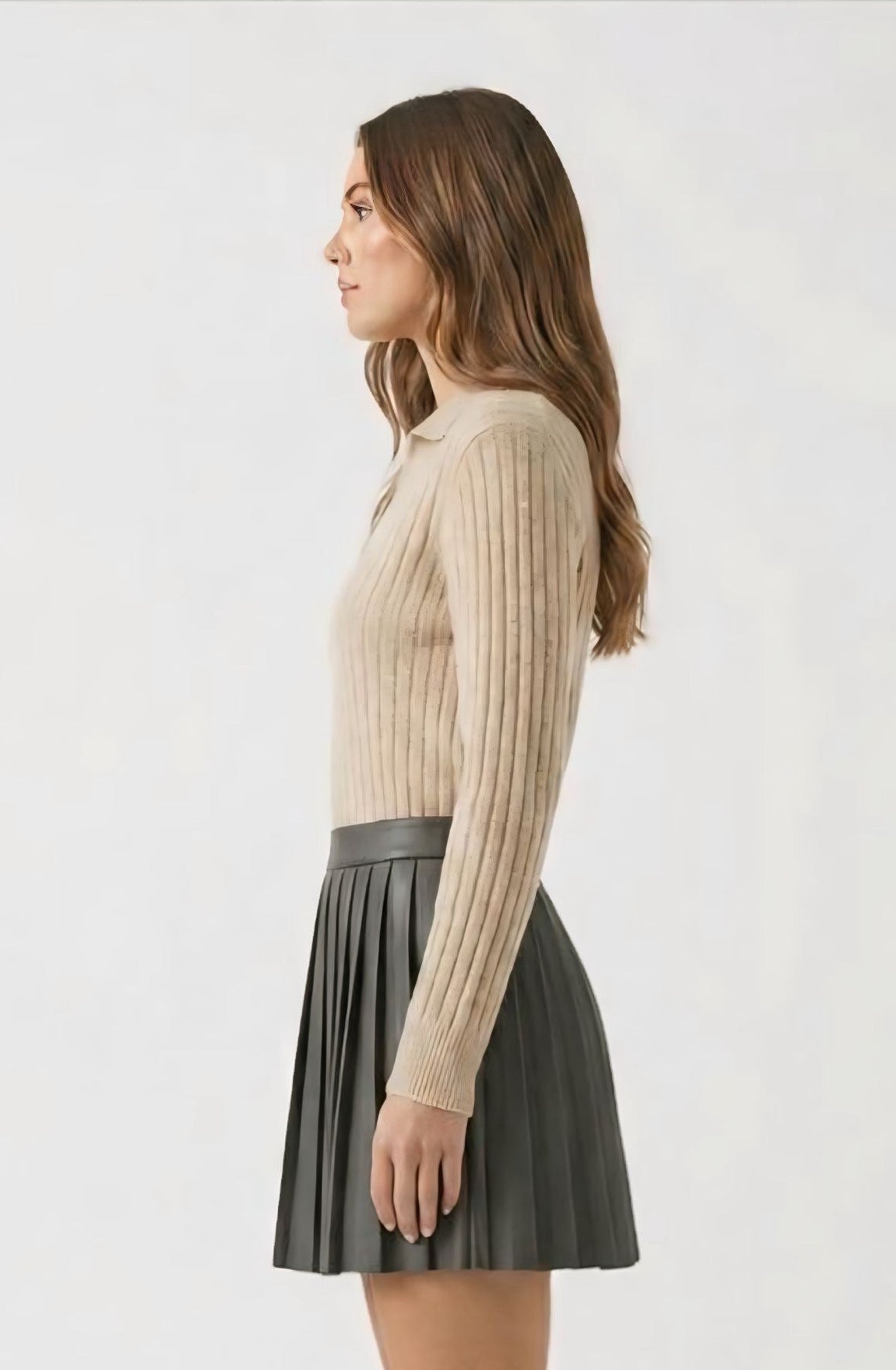 Beige Nora Ribbed Polo Sweater