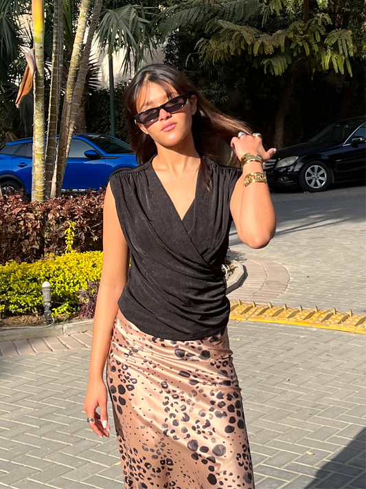 Black Draped V-neck Top