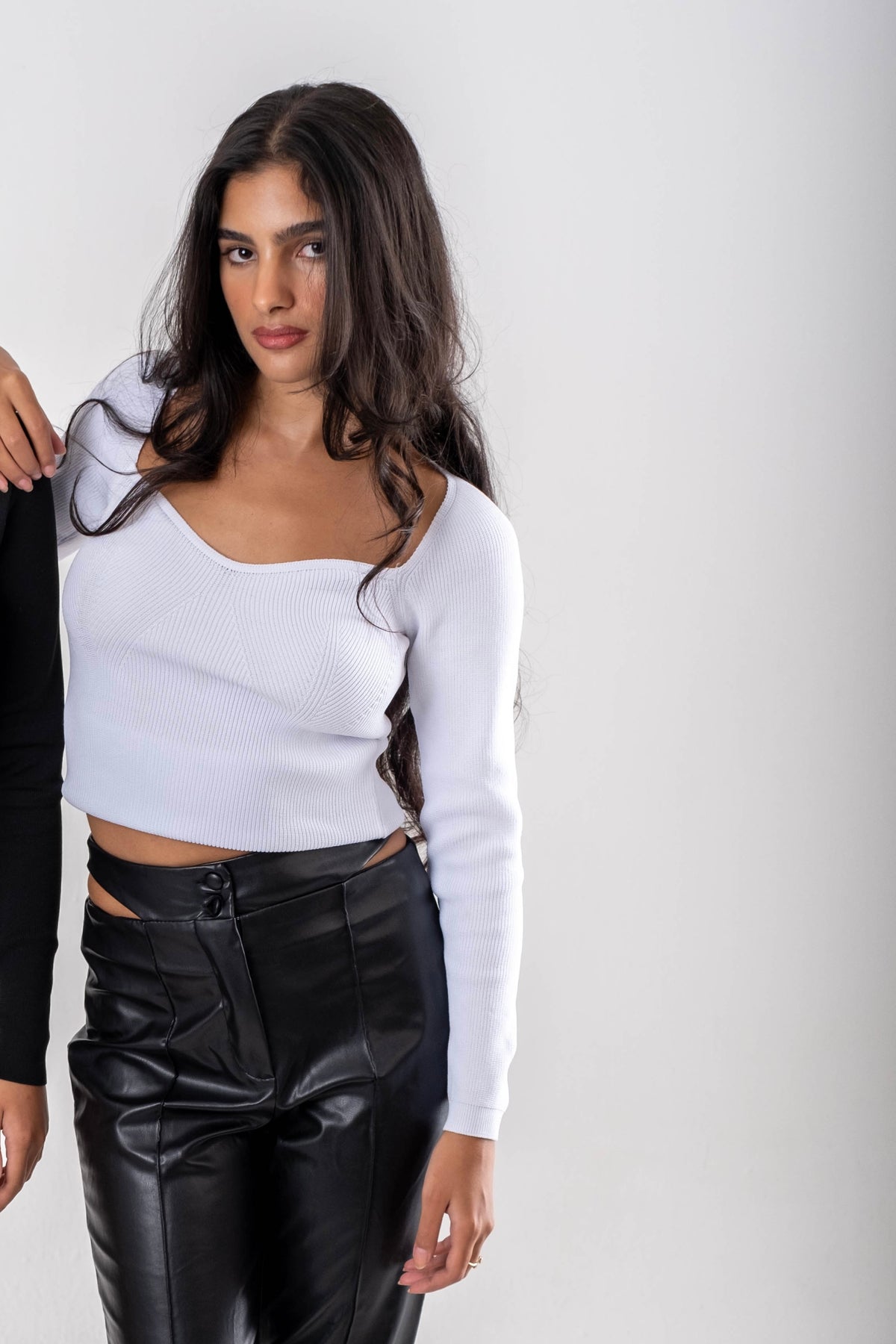 White Ribbed Knit Top with Square Neckline