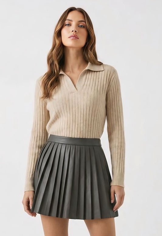 Beige Nora Ribbed Polo Sweater